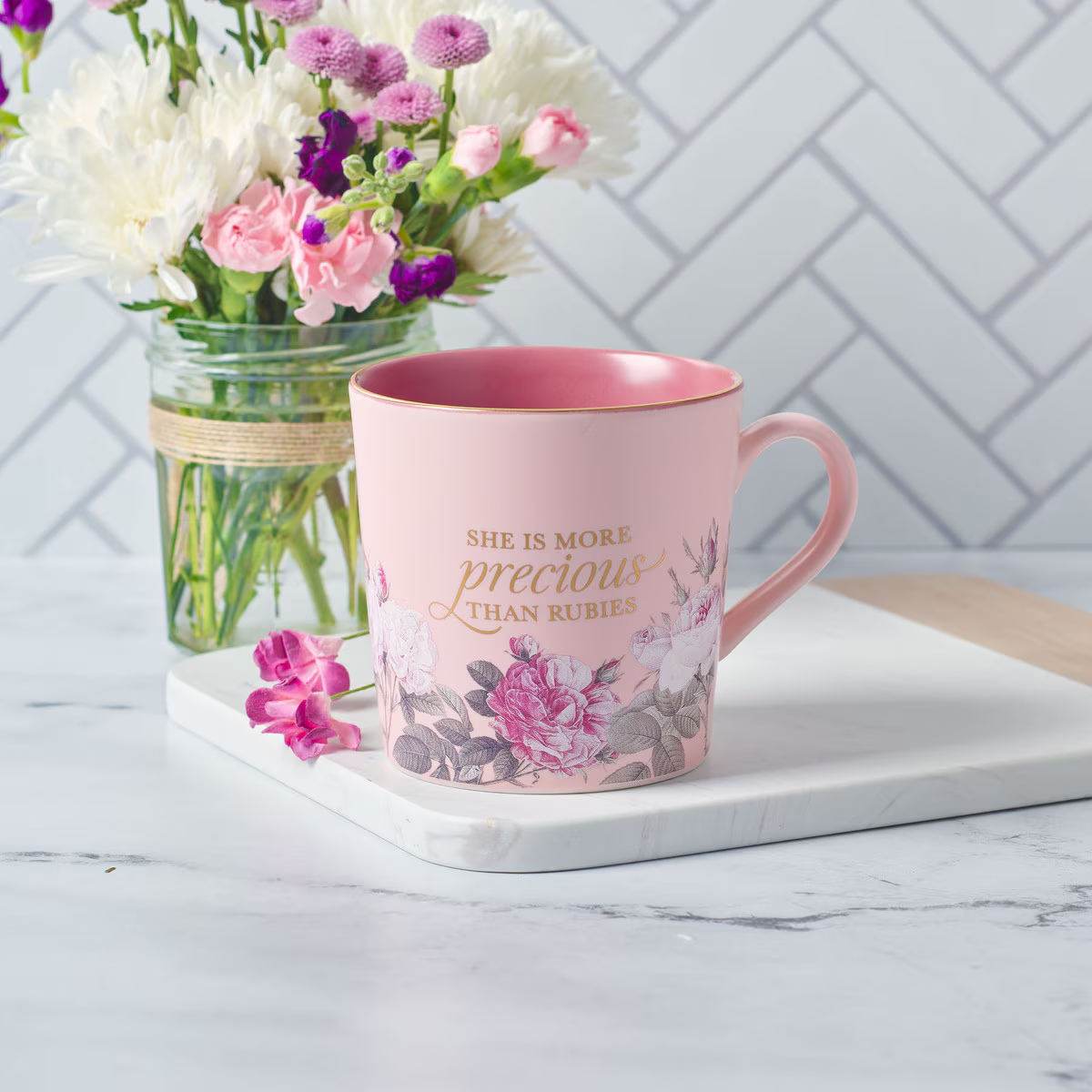 Ceramic Coffee Mug More Precious than Rubies, Pink Floral