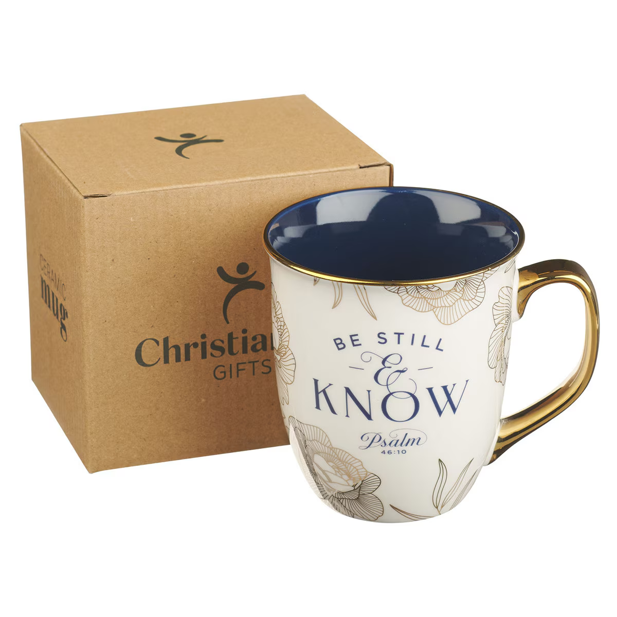 Ceramic Mug, Be Still and Know, Blue and Gold Floral