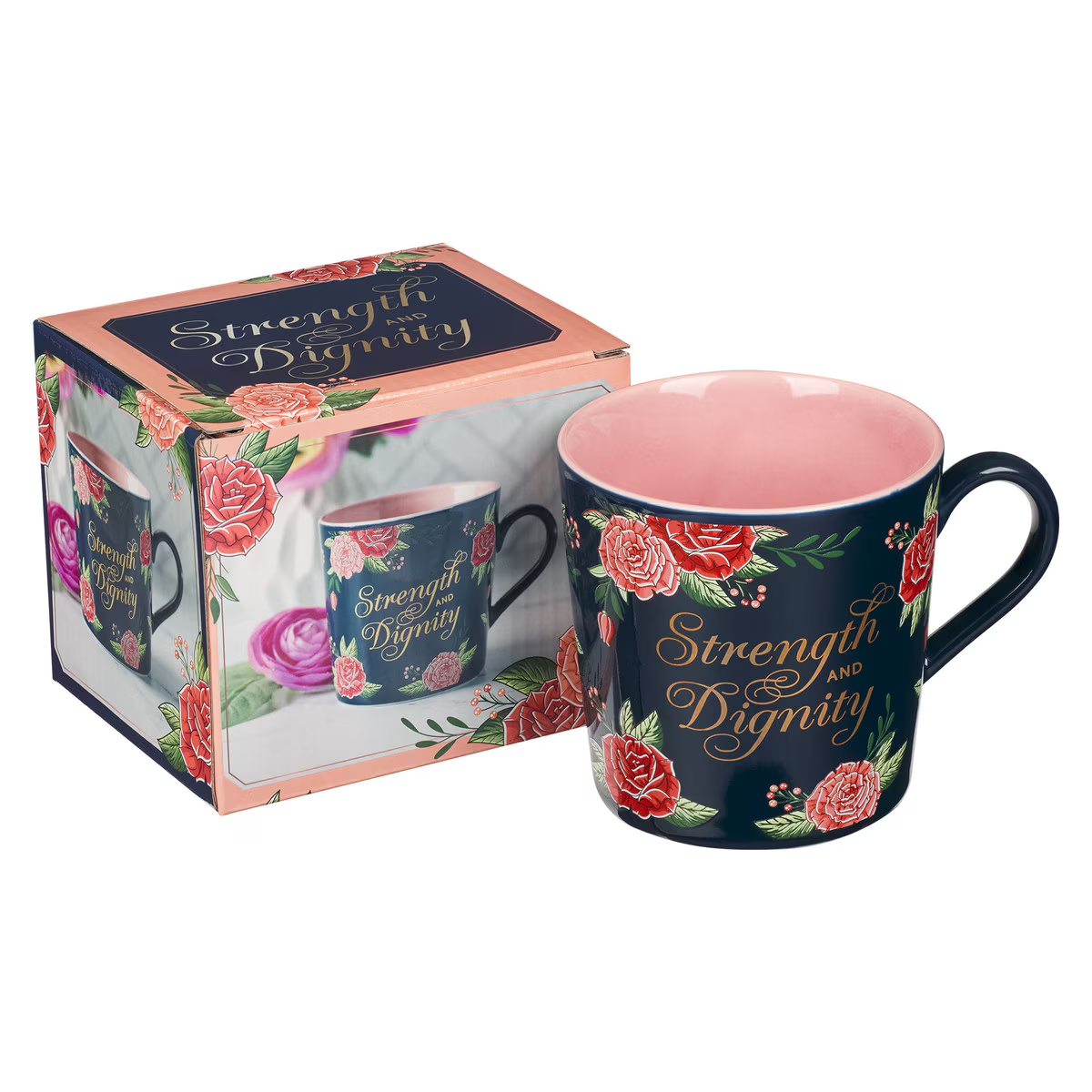 Ceramic Coffee Mug Strength and Dignity, Pink Roses
