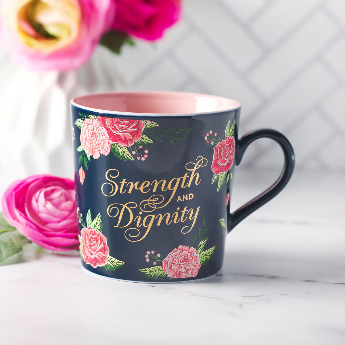 Ceramic Coffee Mug Strength and Dignity, Pink Roses