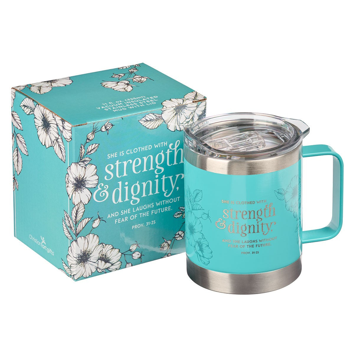 Camp Style Stainless Steel Mug, Strength & Dignity, Teal