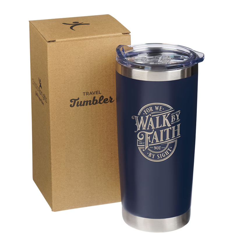 Stainless Steel Travel Tumbler, Walk By Faith, Navy