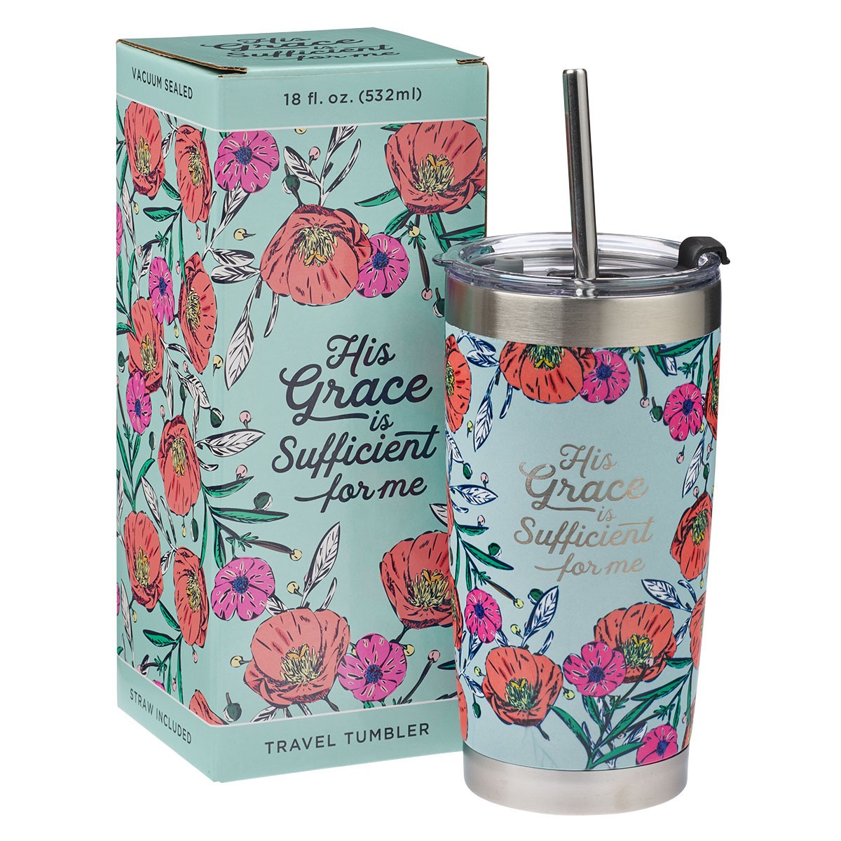 Stainless Steel Travel Tumbler with S/S Straw, His Grace is Sufficient, Teal Floral