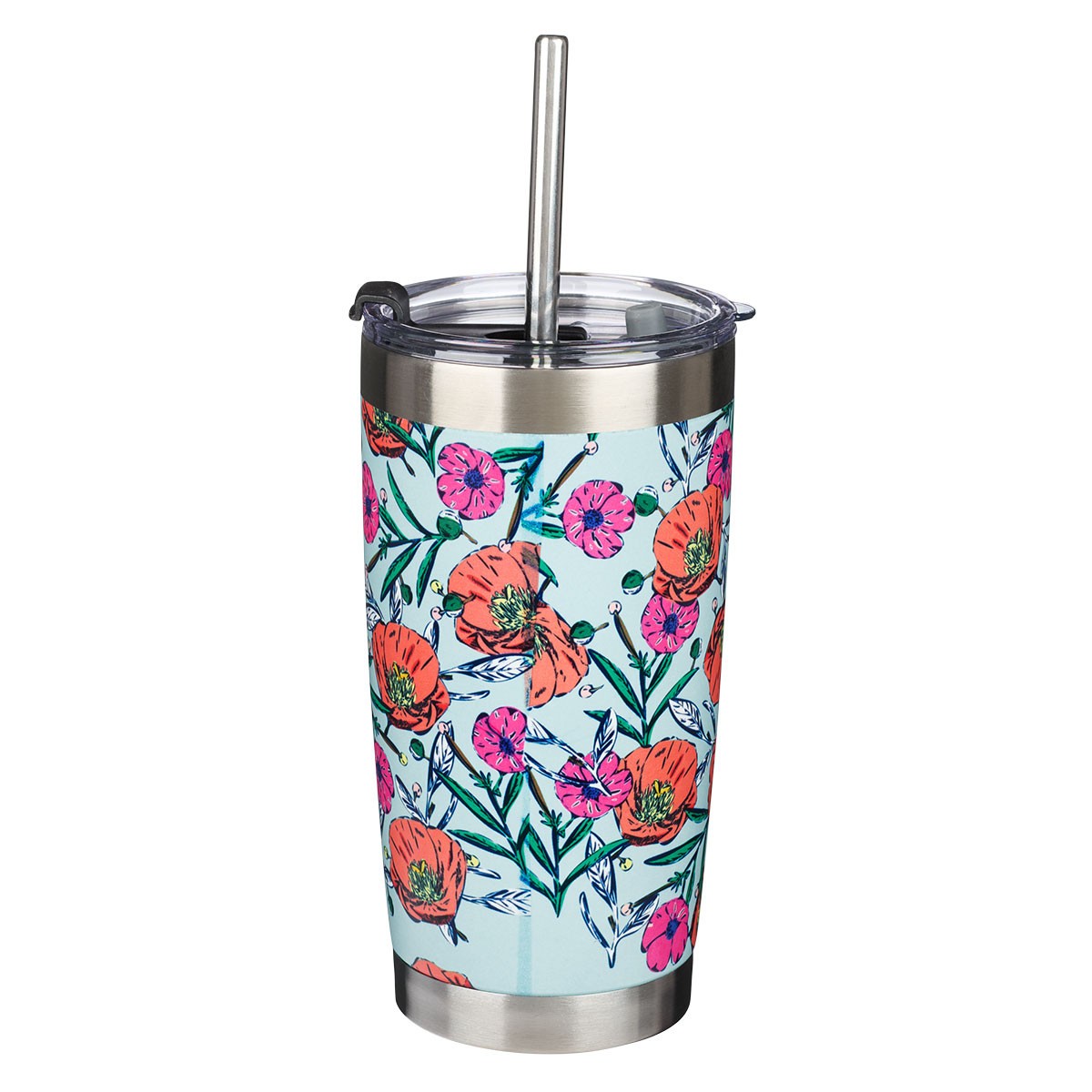 Stainless Steel Travel Tumbler with S/S Straw, His Grace is Sufficient, Teal Floral